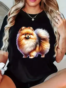 Soft Dog Tshirt for Women 100% Cotton Pomeranian Graphic Tee Regular Fit Short Sleeve Round Neck Allseason Casual Top Machine Washable Comfortable Hline