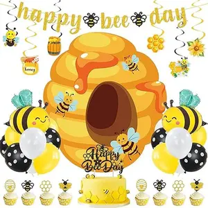 Bee Birthday Party Decorations, Happy Bee Day Banner Balloons Hanging Swirls Cake Topper Kit, Bee Themed Party Supplies for Kids Birthday Baby Shower, Boys Girls Bee Birthday