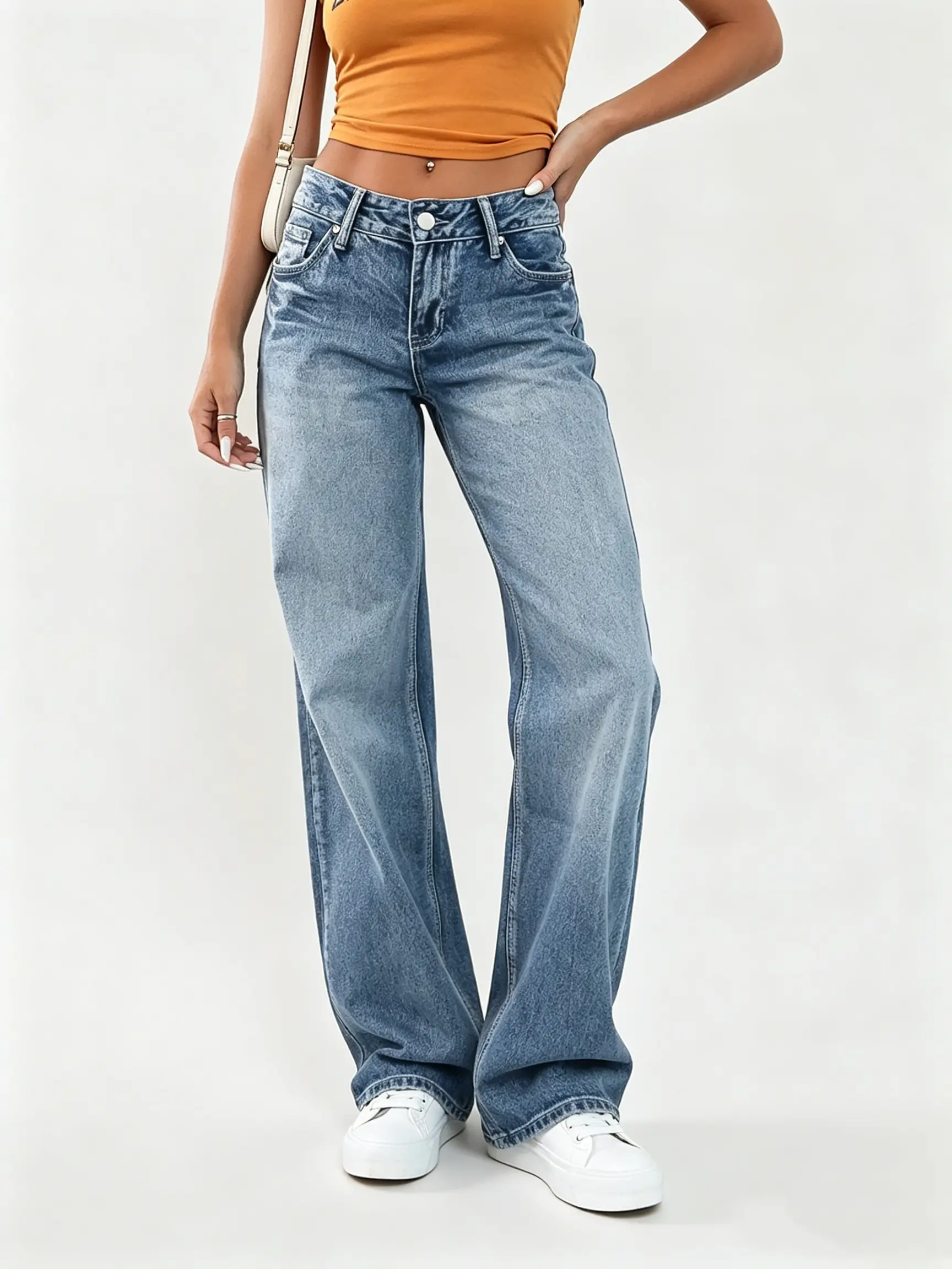 Women's Retro Y2K Wide-Leg Denim jeans , Casual fashion Boyfriend Bottoms with Pockets - Womenswear Loose Straight-Leg Pants