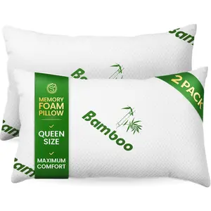 Memory Foam Pillows Queen Size Set of 2 - Cooling Bed Pillows for Sleeping for Back Stomach Side Sleeper Firm Comfy Cool Shredded 2 Pack Rayon Derived from Bamboo