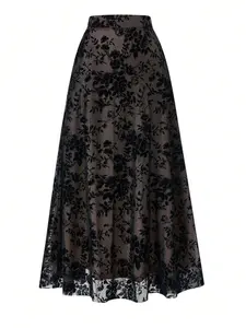 Women's French Style Velvet Rose Floral Lace Skirt, Fashion Casual Skirt, Womenswear, Mid-High Waist A-Line Long Dress, Transparent Overlay, Casual Daily Wear, Feminine Elegance