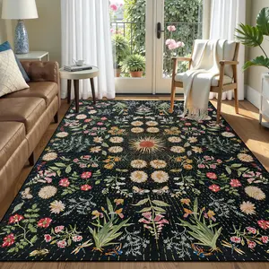 Boho Floral Pattern Carpet, Vintage Boho Rug, Large Area Rug for Living Room Bedroom, Washable Foldable Non-Slip Plush Mat, Home Decor, Bedroom Rugs, Bohemian Style Rugs, Flower Pattern Rugs