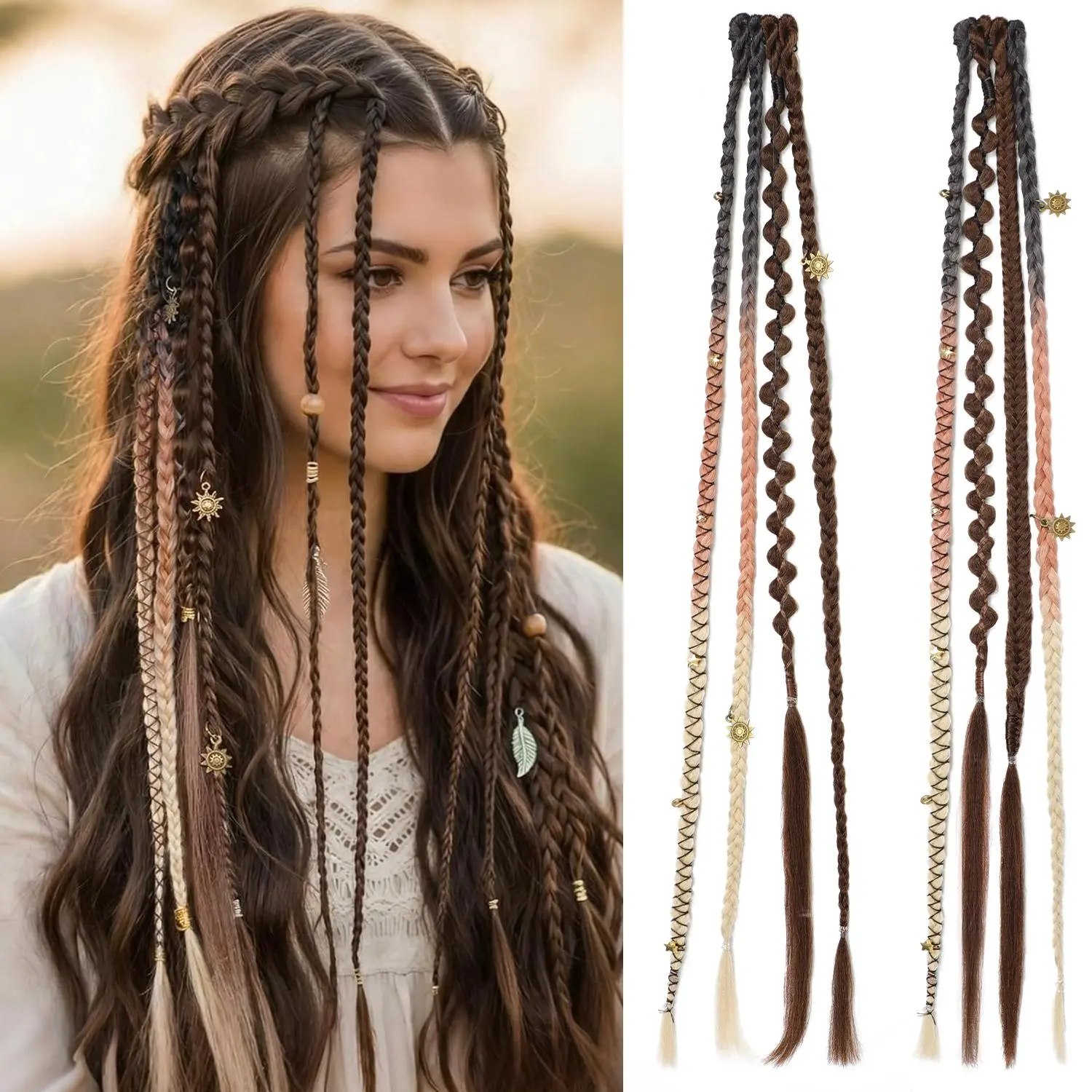 Women's Clip-in Synthetic Fiber Hair Extensions - 16"/20" Bohemian Box Braided Straight Synthetic Hairpieces with Beads & Charms, Dark Chocolate Brown Mixed Copper for Festivals & Daily Use, Daily Use Braids, Boho Braids