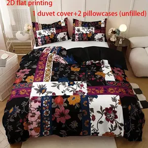 Super soft floral patchwork duvet cover 3-piece set (unfilled) - featuring black, white, and colorful floral patterns, machine washable polyester material, perfect for creating a cozy bedroom and bedroom decoration | patchwork design, bedding set