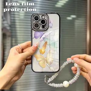 Shiny Crystal Look Transparent Phone Cases with Chain Lens Protector TPU Soft Case for iPhone 12 13 14 15 Plus 16 Pro Max 2025 Full Cover Protection Protective