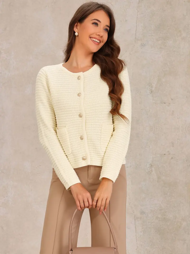 INSPIRE CHIC Cardigan Sweaters for Women Button Down Long Sleeve Crew Neck Pockets Knit Cardigan Sweater Blazer