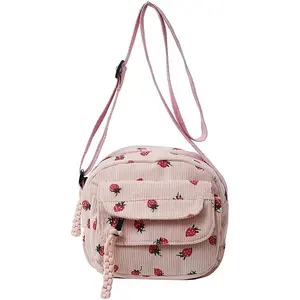 Cute Strawberry Corduroy Tote Bag for Women Adjustable Strap Crossbody Messenger Bag with Multiple Pockets Perfect for Office Events and Shopping