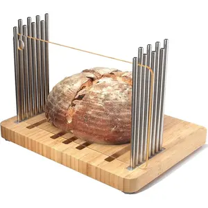 Bamboo Bread Slicer for Homemade Bread,Stainless Steel Slicing Guide for Bread, Adjustable Width, Foldable and Compact Cutting Guide, Bread Slicer for Sourdough Rounds, Bagels, Cake,Toast