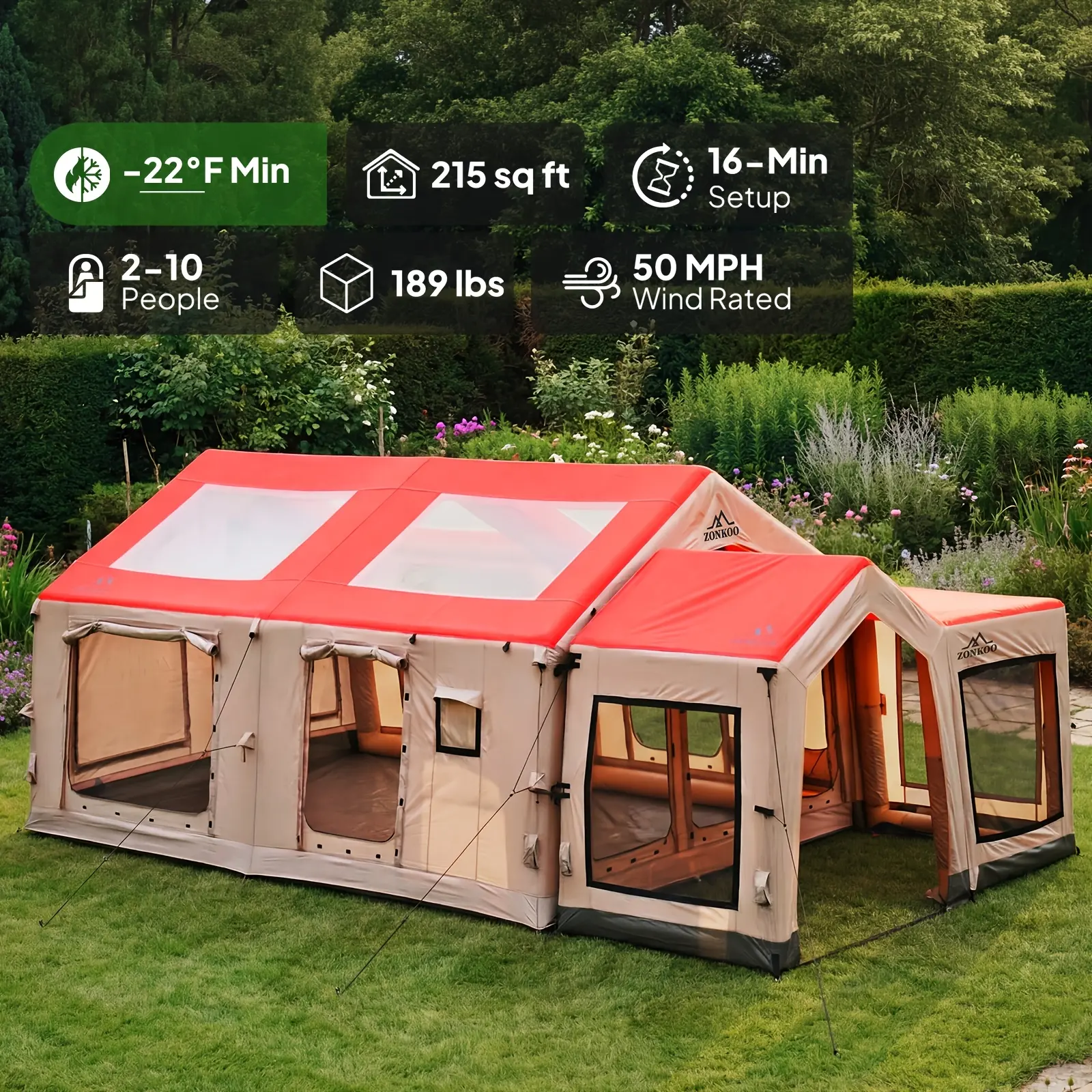 Large 8-10 Person Inflatable Camping Tent with Gazebo Suitable for Outdoor Backyard, Glamping Tent with Front Porch, High Quality Oxford Fabric, Blow-Up Air Beam Frame & Pump, Quick Setup for Family Gatherings, Parties, - Use