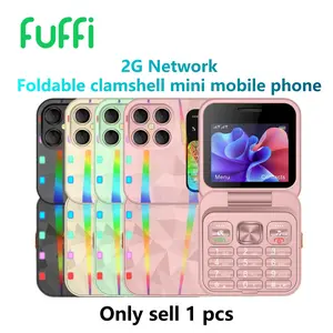 FUFFI mini folding clamshell phone. Surrounding colorful light effect. 2G network. Dual SIM dual standby. 2.4-inch screen. 1250 mAh battery. Comes with a lanyard/handheld flashlight/FM radio. Supports up to 8GB card expansion capacity. Cellphone