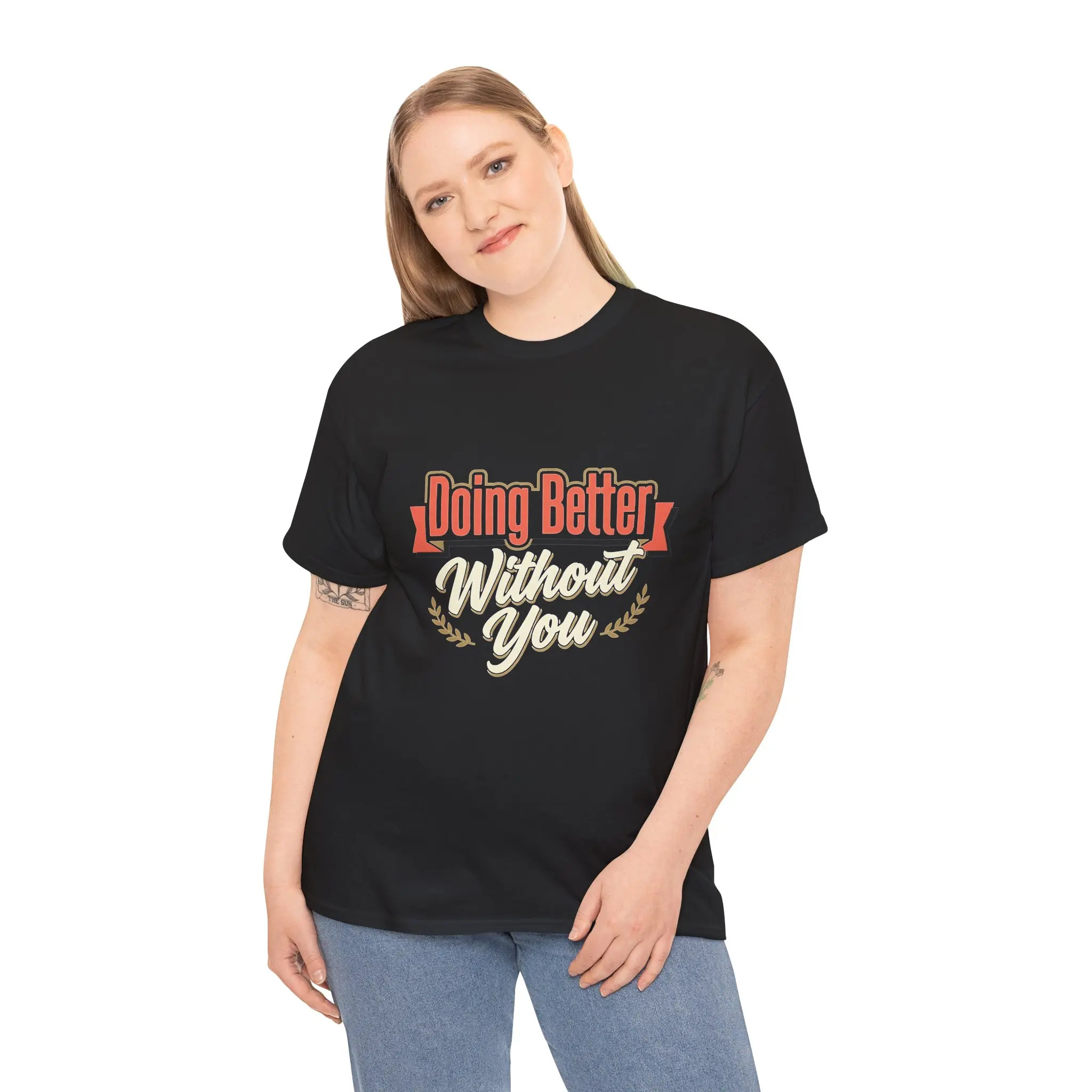 Men's Relaxed Fit Short-Sleeve Cotton T-Shirt - Bold Script "Doing Better Without You" Print, Ribbed Knit Fabric, Breathable Casual Breakup Recovery Menswear Top, Classic, Round Neck