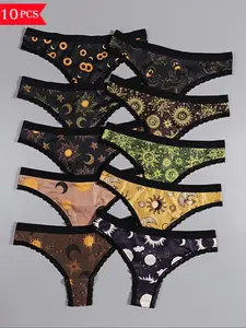 Morvia 10pcs Sexy Cute Gothic Halloween Contrast Lace Hipster Panties, Allover Print Comfy Intimates Briefs Panties, Casual Soft Panties, Women's Underwear & Lingerie
