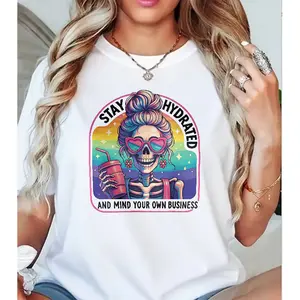 Stay Hydrated & Mind Your Own Business' Rainbow Skeleton Baddie Print T-shirt Edgy Sweet Style Casual Top