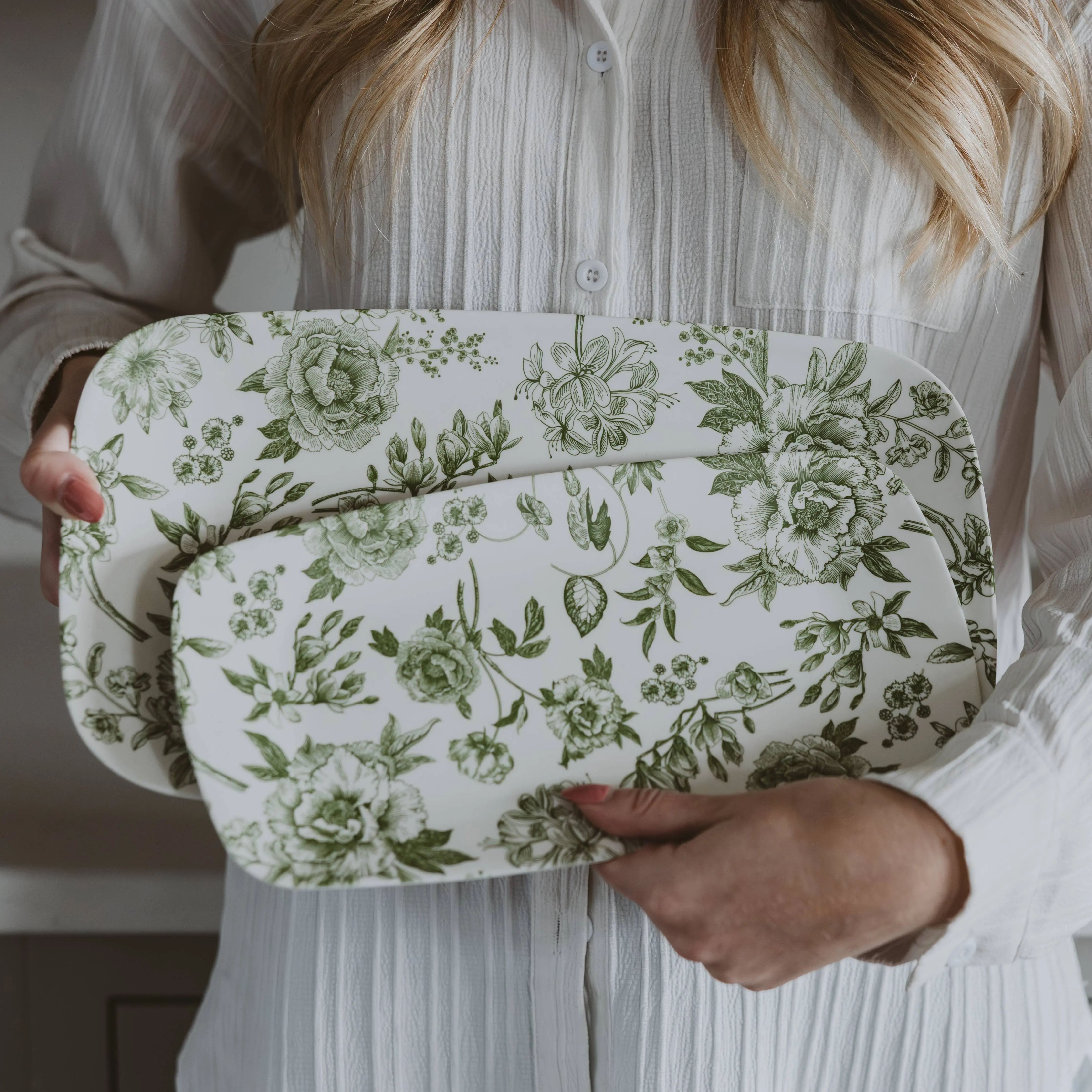 Green Delft Stacking Melamine Trays | Set of Two