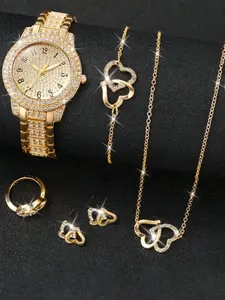 Sparkling Diamond Watch Set with Heart Shape Jewelry, Elegant Analog Quartz Wristwatch, Perfect Mother's Day Gift, All Seasons Wear