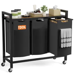 Laundry Hamper, Laundry Sorter with Shelf, Clothes Basket Organizer with 2 Pull-Out and Removable Bags, Movable Wheels for Laundry Room Bathroom Bedroom, 2 × 11.2 Gal (85L), Metal Frame, Black