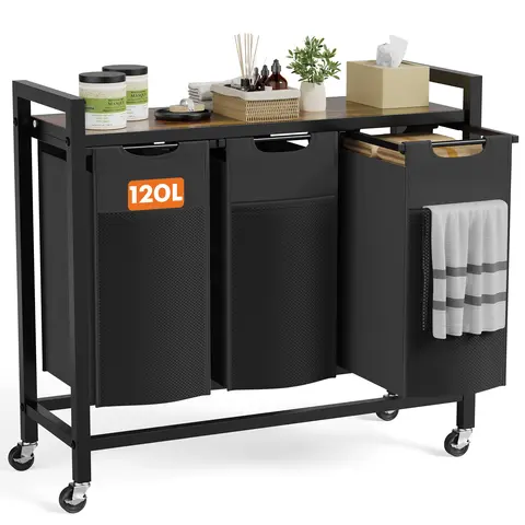 Sweetcrispy Iron Double Bins Laundry Hamper Sorter - Black Metal Frame, Buckle, Wood Accents, Natural Oxford Fabric, 2 Pull-Out Removable Bags, Carry Handle, Transport Wheels, 85L (2×11.2 Gal) Industrial Look Laundry Room Organiser for Bedroom/Bathroom