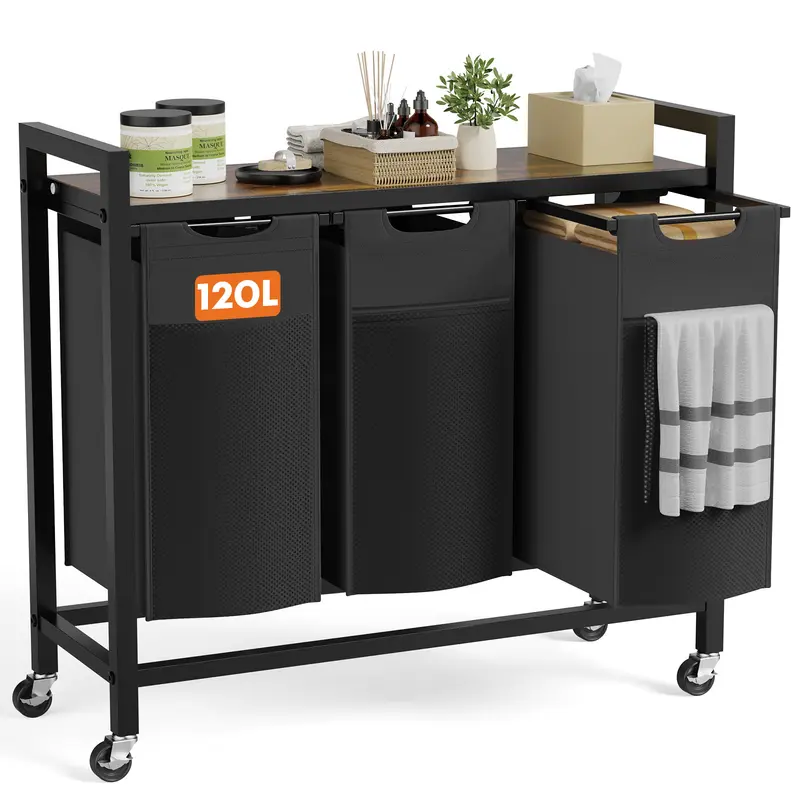 Sweetcrispy Iron Double Bins Laundry Hamper Sorter - Black Metal Frame, Buckle, Wood Accents, Natural Oxford Fabric, 2 Pull-Out Removable Bags, Carry Handle, Transport Wheels, 85L (2×11.2 Gal) Industrial Look Laundry Room Organiser for Bedroom/Bathroom