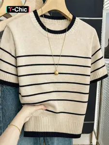 Women's Striped Knit Pullover, Short Sleeve Casual Fashion Simple Design, Comfortable Daily Wear, Stylish, Comfy and Fit, Knitwear