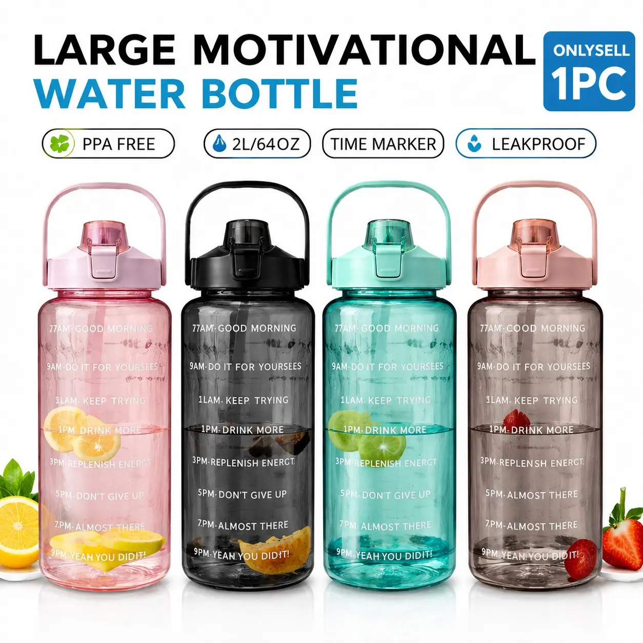 2000ML Sports Motivational Water Bottle for Running, Hydration Bottle with Time Markers, Workout Water Bottle, Unisex Design, Straw Included, Reusable, Portable Water Bottle, Large Capacity Outdoor Cup for Fitness, Leakproof Bpa Free