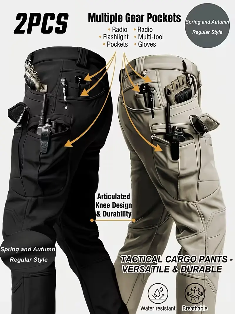 2PCS Men’s Tactical Pants – Stretch Waterproof Fabric, Durable Cargo Pants for Hiking, Casual Wear & Work, Multiple Pockets (No Belt)