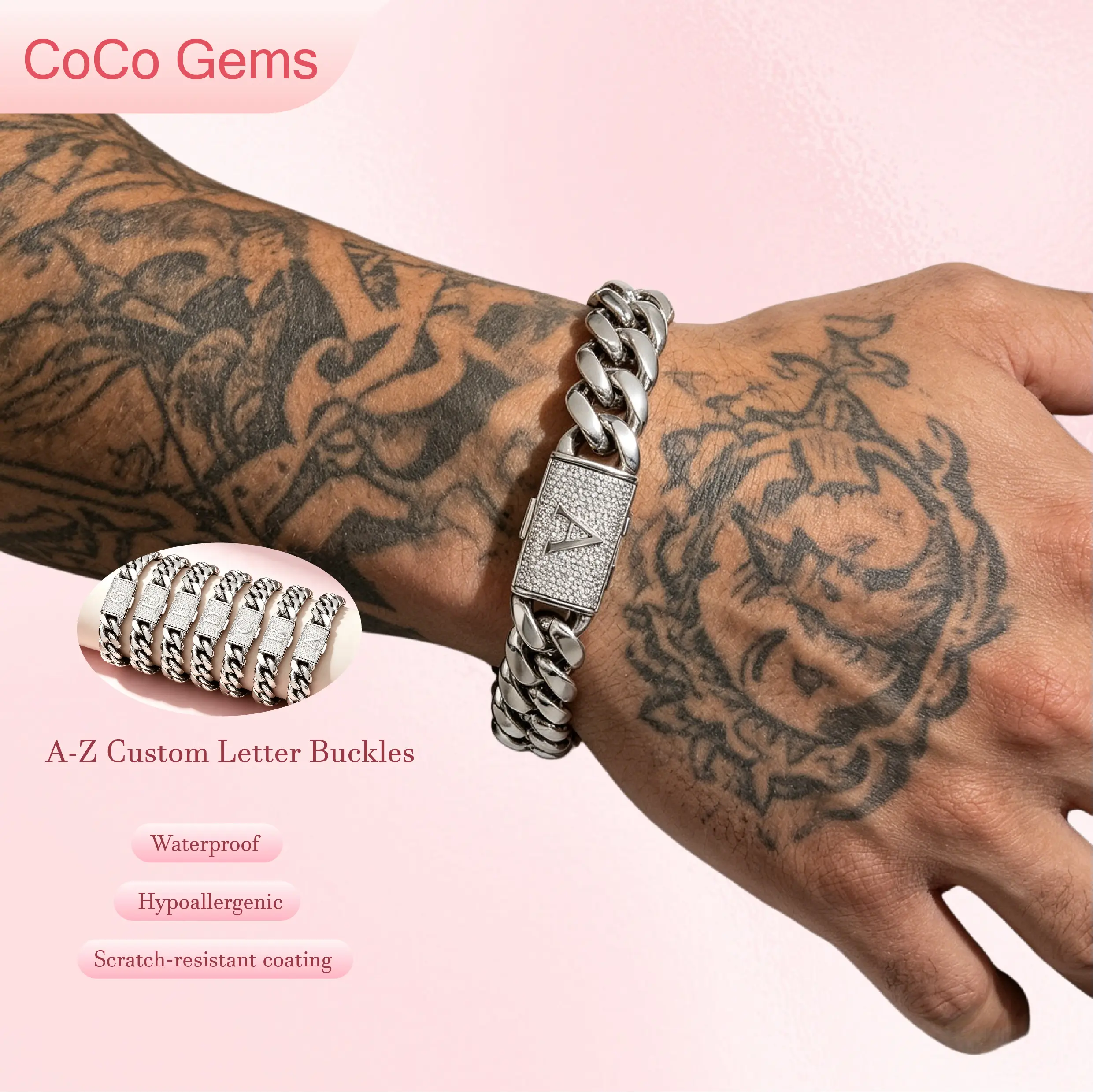 Cuban Link Bracelet for Men, 14mm Silver Stainless Steel Heavy Chain, Hip Hop Punk Jewelry with Customized A-Z Initial Clasp, Fashionable Bracelet, Customized Bracelet