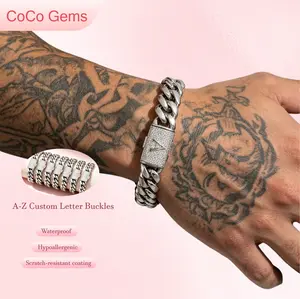 Men’s Silver Stainless Steel Cuban Link Bracelet – 14mm Heavy Chain, A–Z Initial Letter Clasp, Hip Hop Gothic Punk Jewelry, Personalized Gift for Him