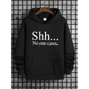 Casual hooded sweatshirt in black, loose fit for men, casual style. "Shh... No one will care." Printed hooded sweatshirt - long sleeve, perfect for outdoor and casual wear. Hoodie