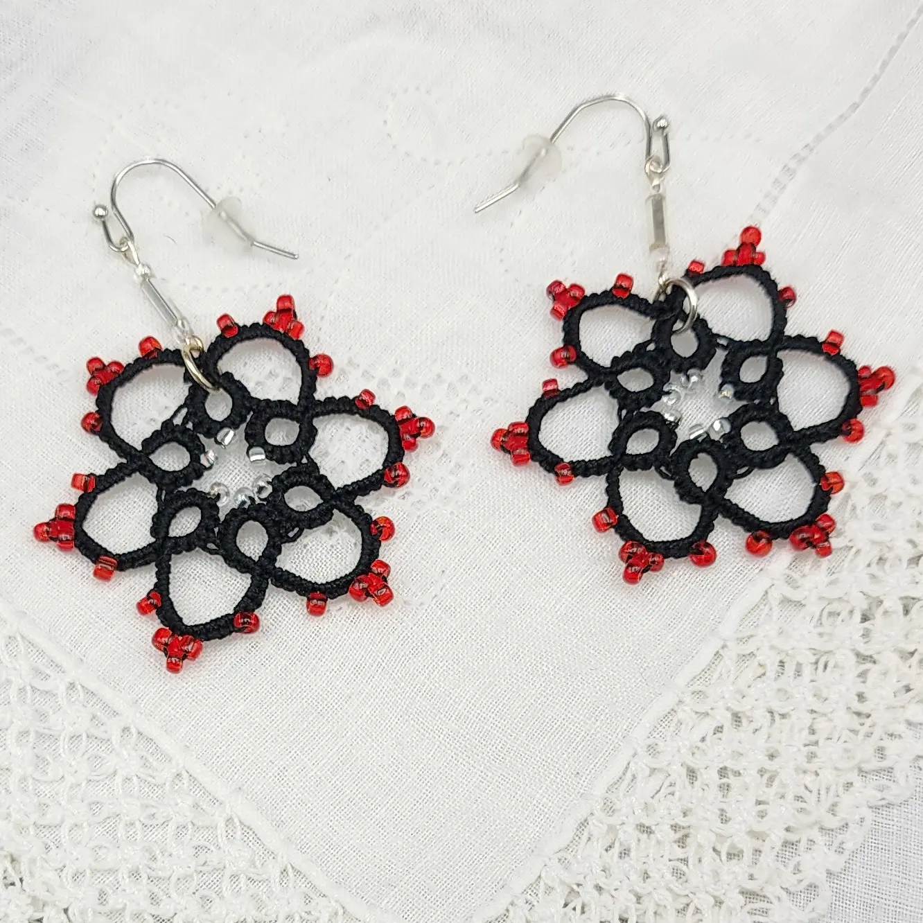 Black Beaded Earrings with Handmade Lace