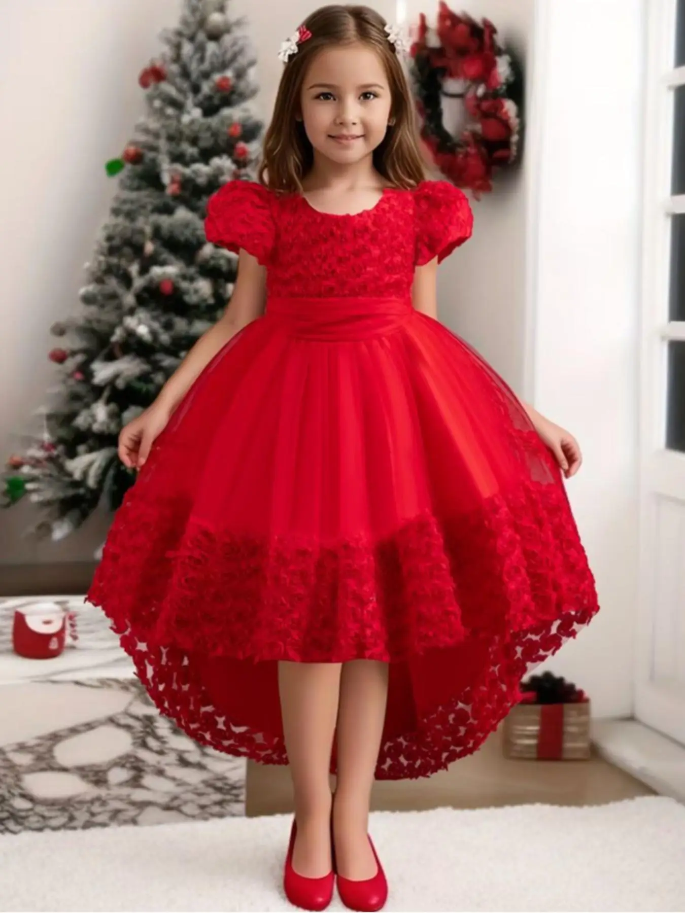 Girl's Floral Appliques Big Bow Decor Contrast Mesh High Low Hem Fit & Flare Dress, Elegant Puff Sleeve Zipper Back Party Dress for Performance Weddin