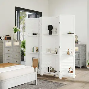 5 Panel 67" Tall Wood Privacy Screen Room Divider with 3 Shelves & Folding Storage, White – Freestanding Room Partition for Bedroom, Living Room, Home Office, Apartment, Dorm & Plant Display