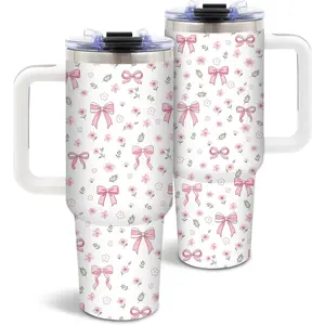 Bow Water Bottle Gift for Women, 40 Oz Stainless Steel Tumbler Mug Cup with Handle & Straw for Bow Lover, Birthday Gifts for Friends, 1 PCS