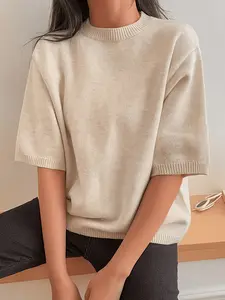 Women's Casual Short Sleeve Crewneck Knit Top, Spring Summer Daily Everyday Commute Wear, Versatile Comfortable Fabric, Essential Knitted Item Knitwear for Seasonal Womenswear