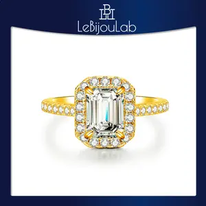 [LeBijouLab] Ember Halo 1CT Synthetic Moissanite Engagement Ring For Women, Golden Square Synthetic Moissanite Ring For Her, Mother's Day Gifts jewelry