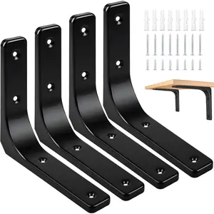 Metal Shelf Brackets, 4 x 4 Inch Heavy Duty L Hanging Angle Brackets, Iron Wall Bracket for Countertop Support, Corner Brace Joint, Black, 4 count