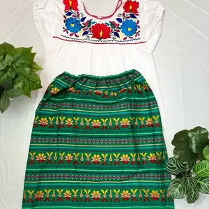 Mexican Skirt Sara 2 Piece Floral Shirt with Green Striped Skirt and White Embroidered Top Traditional