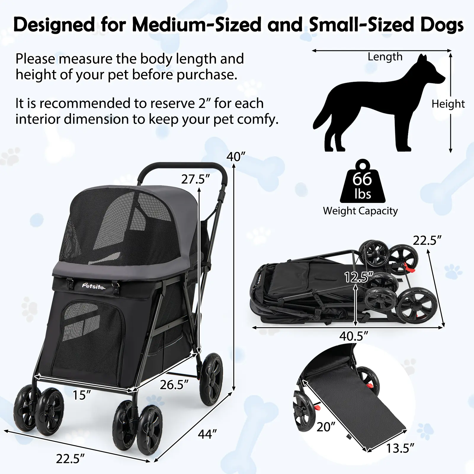 COSTWAY - Dog Stroller for Medium Small Senior Elderly Dogs with Dual Entry-Black
