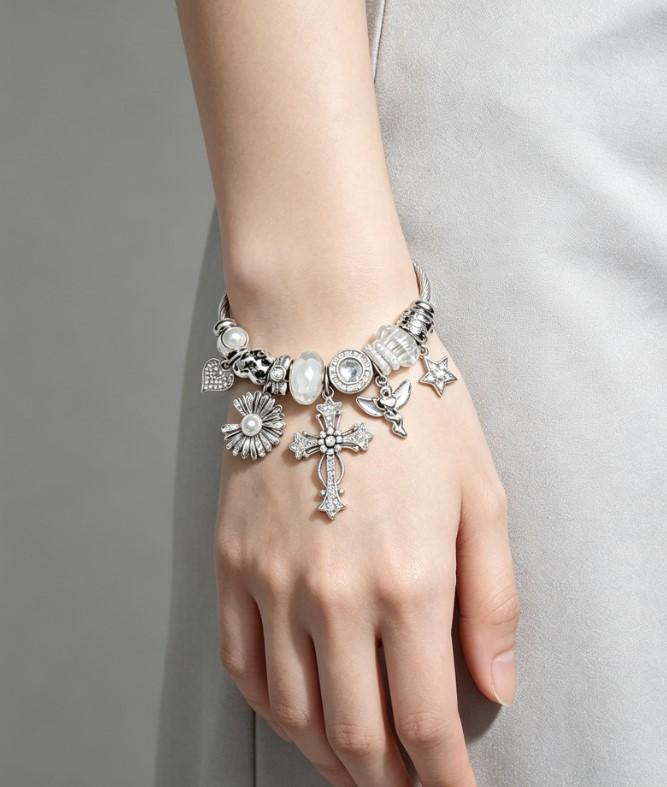 Silver Twisted Cable Open Bangle Bracelet, Rhinestone Cross Angel Daisy Pearl Star Heart Charms Beaded Bracelet, Vintage Elegant Jewelry Gift for Women Teen Girls Silver Twisted Cable Open Bangle Bracelet, Rhinestone Cross Angel Daisy Pearl Star Heart Charms Beaded Bracelet, Vintage Elegant Jewelry Gift for Women Teen Girls