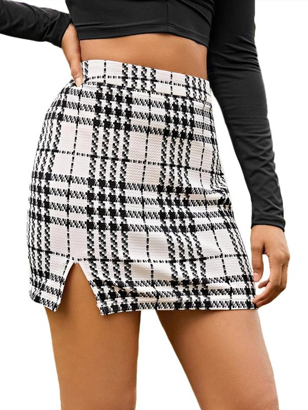 Floerns Womens Casual Split Hem High Waisted Mini Bodycon Plaid Skirt Ivory Black L
