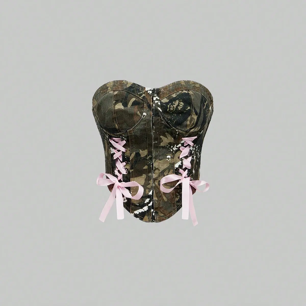 Y2K Camo Corset Top with Pink Ribbon Lace-Up Detail – Snatched Waist Bustier, Coquette Meets Soft Military Aesthetic