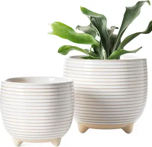 Ceramic  Pots, 5.1 + 6.4 Inch Footed Pots for , Modern Flower Pots for Home and Office, Indoor Planters with Drainage, Reactive Glaze White
