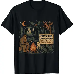 Cotton Graphic Tees Streetwear Gifts  Cryptid Campground Bigfoot Mothman Aliens Loch Ness Monster T-Shirt