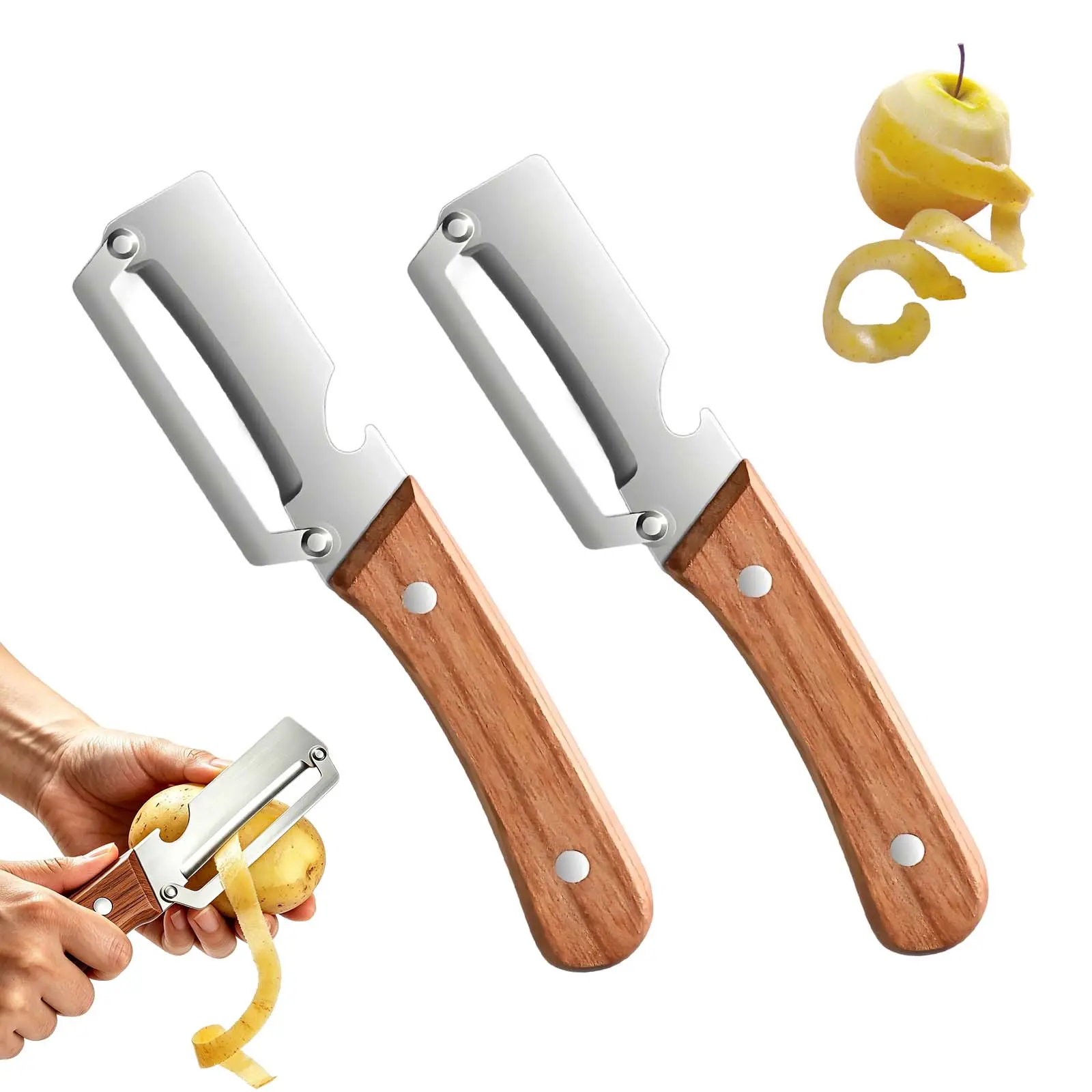 2PCS Multi-Functional Vegetable Peeler for Kitchen, Premium Vegetable Peeler with Wooden Handle and Bottle Opener, Multifunctional Vegetable Peelers Stainless Steel Blade Kitchen Tool Utensils Handy Peeling Smooth