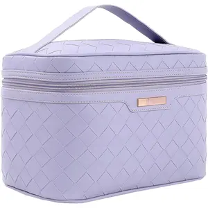 Makeup Bag, Travel  Bag for Girls Women, Large Capacity Makeup Organizer Case, Travel Toiletry Bag, PU Leather  11.81 x 6.7 x 7.09 Inch (Purple)