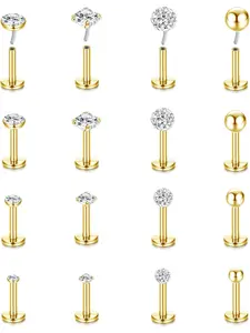 16G Tragus Nose Studs 316L Stainless Steel Lip Labret Medusa Piercing Bar Silver Gold CZ Round Ball Cartilage Lobe Earring Push In Flat Back Piercing Jewellery For Women Men 16Pcs 6mm 8mm Nose Piercing Jewelry