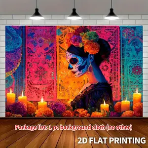 1pc 2D Flat Extra Large Dia de los Muertos Banner - Calavera Catrina Papel Picado Backdrop with Sugar Skull Woman, Large Party Decoration for Halloween, Mexican Fiesta, Home, Wedding - Vibrant White Ornaments