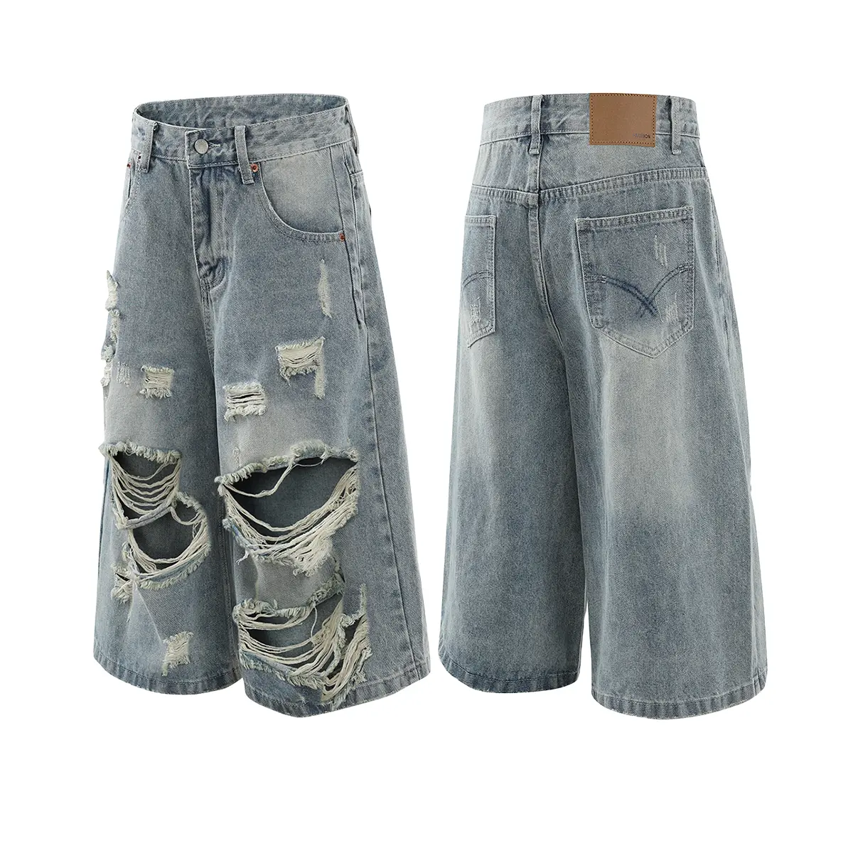 Retro light washed distressed wide leg denim shorts, Y2K loose knee length denim cropped pants, streetwear