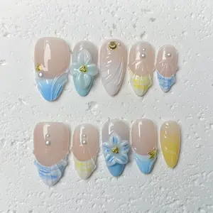 [Seashell Waltz] Medium Almond Handmade Press on Nails, Fake Nails with Nail tool kit with Jelly Stickers, Reusable, Durable