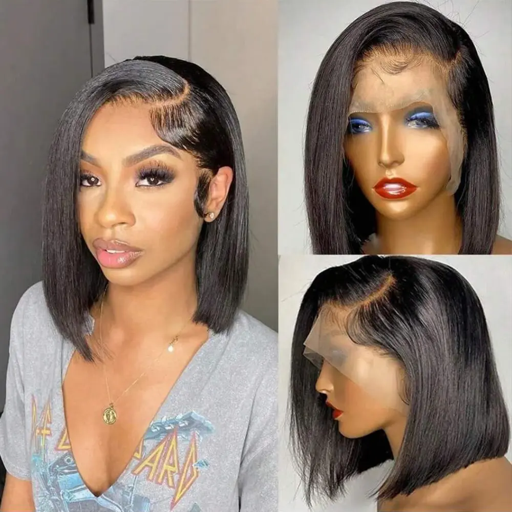 Bob Wig Human Hair 13x4 Hd Lace Front Wigs 150 Density 12 Inch Short Straight Bob Frontal Wigs Transparent Lace Pre Plucked with Baby Hair Glueless Wigs Brazilian Hair for Women Natural Black