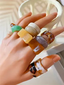 Set of 10 Transparent Resin Rings, Handcrafted Dye-Infused Round Rings, Unique Patterns, Wide Irregular Openings, Fashion Jewelry